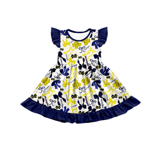 MOQ 3 pcs flutter sleeves M navy bows girls team dress