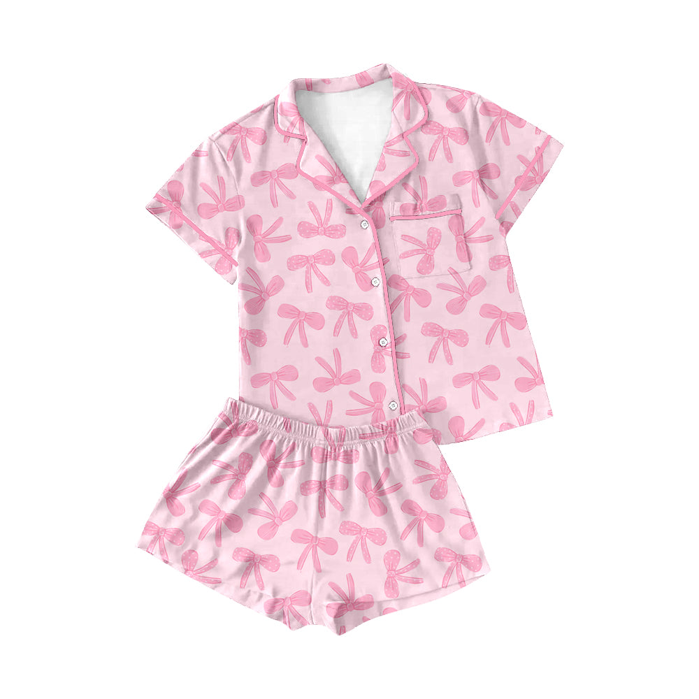 Pink bows adult women summer button down pajamas