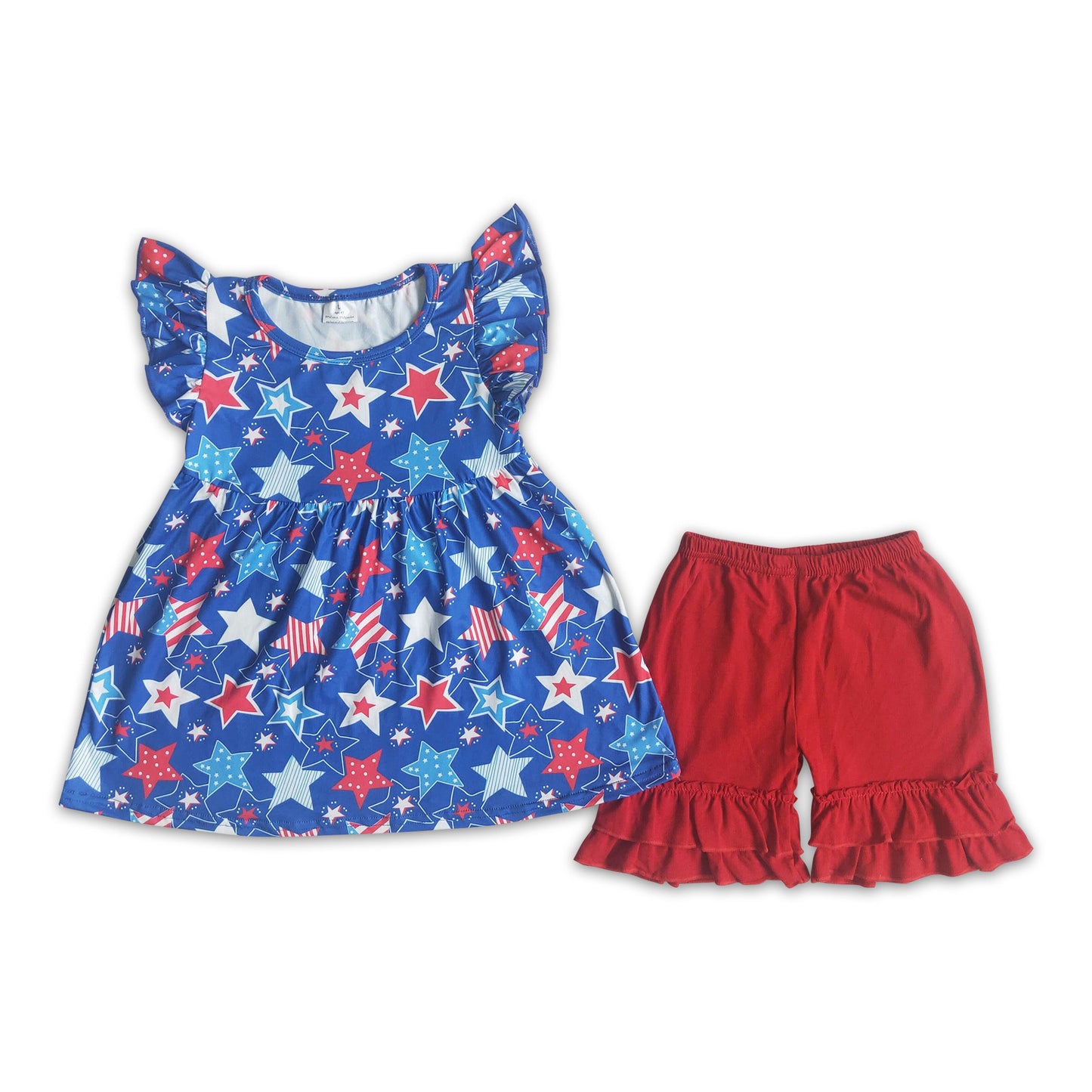 Star print pearl shirt ruffle shorts girls 4th of july clothes