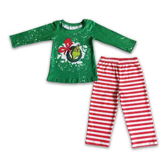 Green face long sleeve shirt stripe pants Christmas pajamas