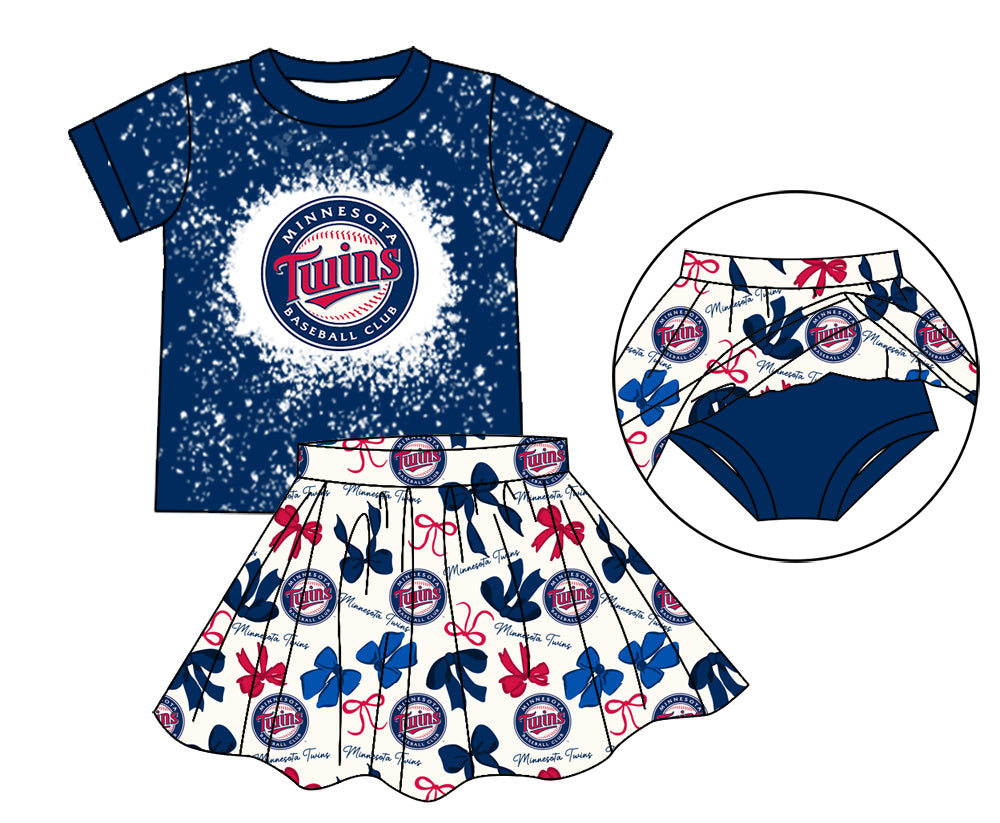 MOQ 3 pcs navy T bleached top bow skirt girls team outfits