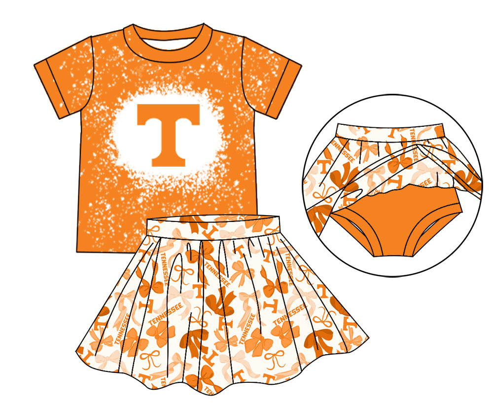 MOQ 3 pcs yellow T bleached top bow skirt girls team outfits