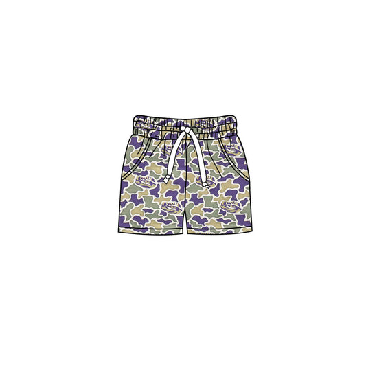 MOQ 5 pcs purple camo pockets kids boys team shorts