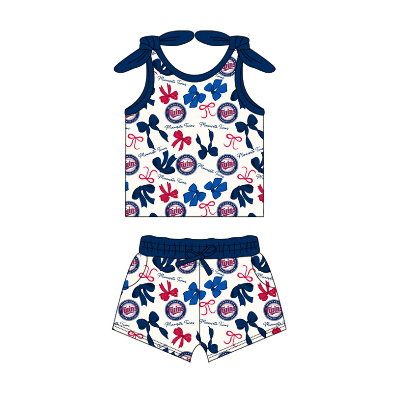 MOQ 3 pcs sleeveless T blue bow top shorts girls team clothes