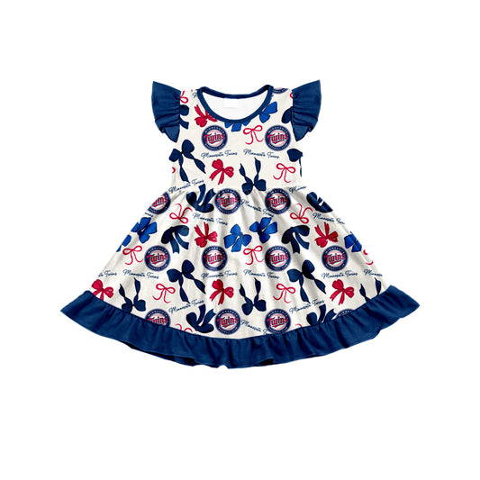 MOQ 3 pcs flutter sleeves T navy bows girls team dress