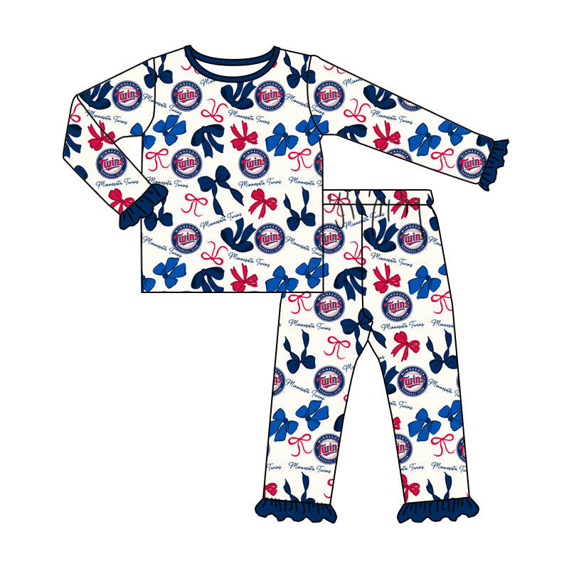 MOQ 3 Long sleeves T blue bow kids girls team pajamas