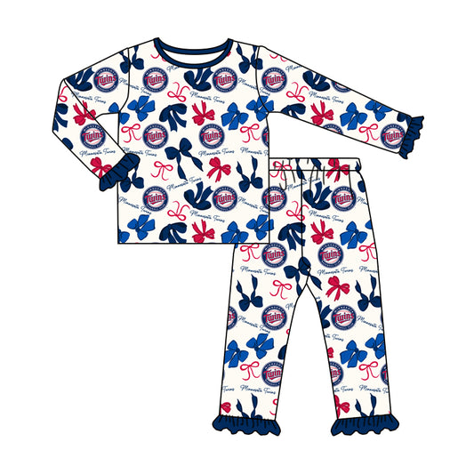 MOQ 3 Long sleeves T blue bow kids girls team pajamas