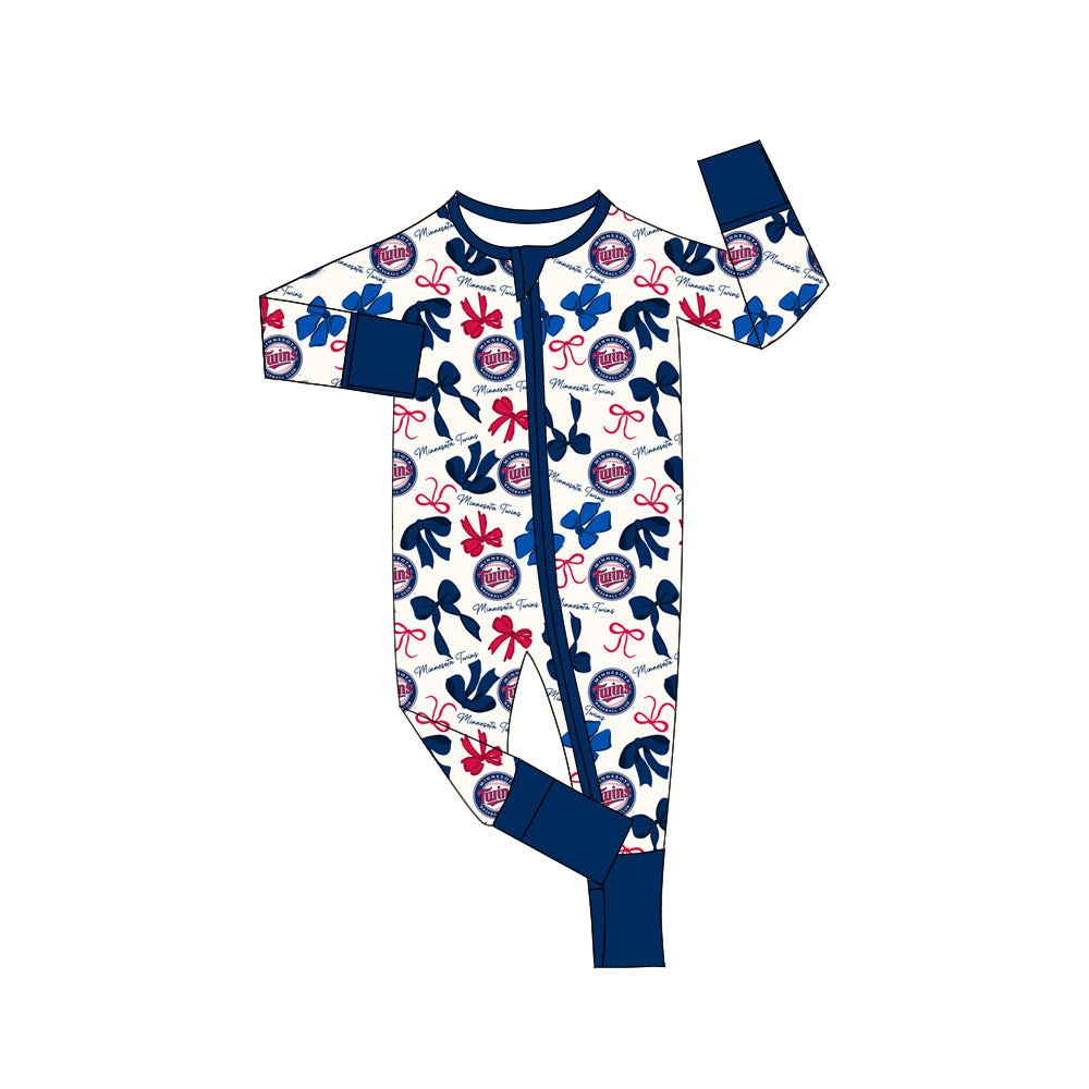 MOQ 3 pcs long sleeves T navy bows baby team zip romper