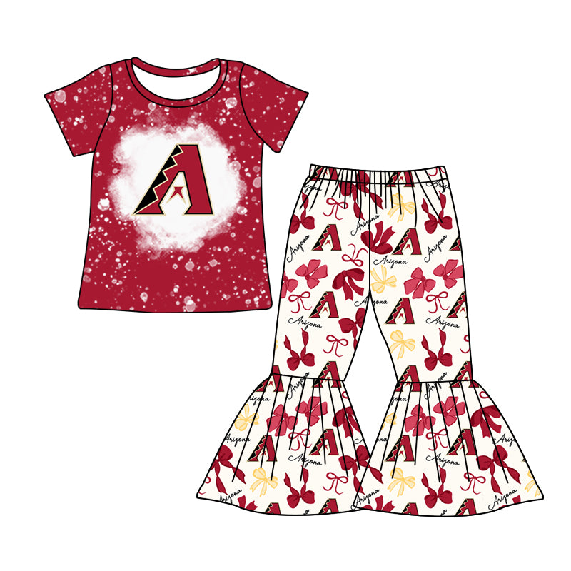 MOQ 3 pcs bleached red A top bow pants girls team clothes