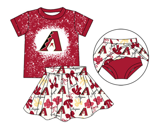 MOQ 3 pcs red A bleached top bow skirt girls team outfits