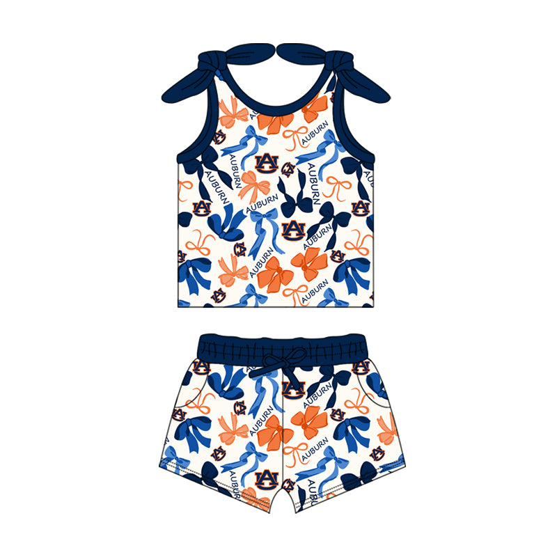 MOQ 3 pcs sleeveless A U bow top shorts girls team clothes