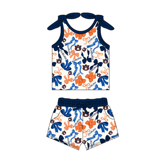 MOQ 3 pcs sleeveless A U bow top shorts girls team clothes