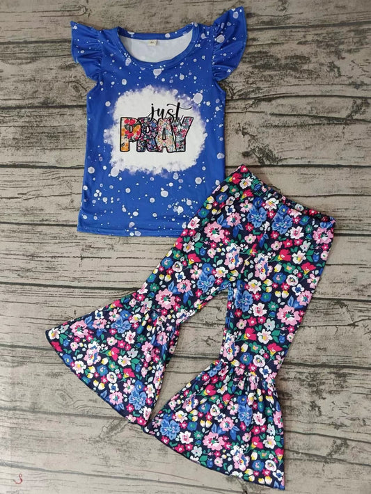 MOQ 3 pcs blue just pray top floral pants girls clothes