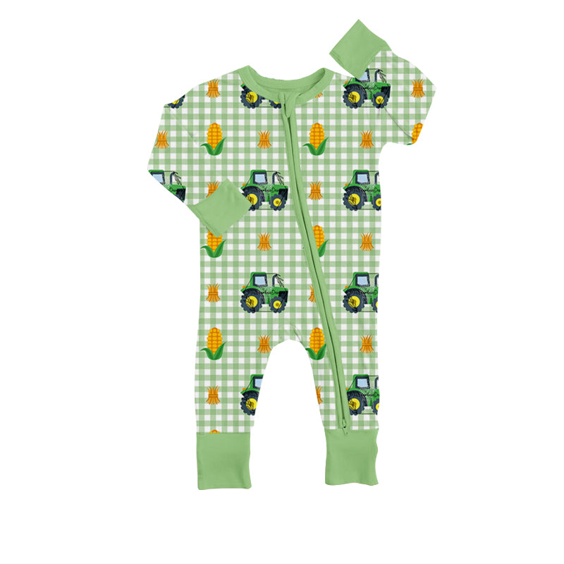 MOQ 5 PCS plaid tractor corn baby kids farm zipper romper