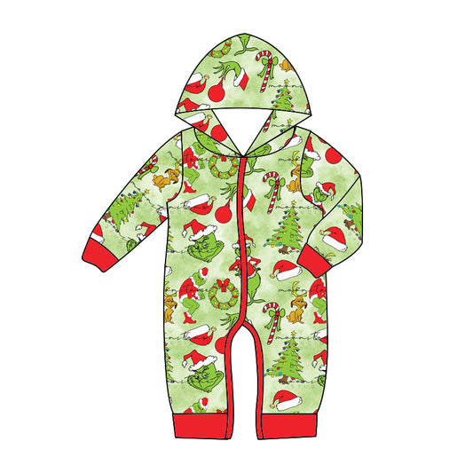 MOQ 5 PCS green face baby kids Christmas hooded romper