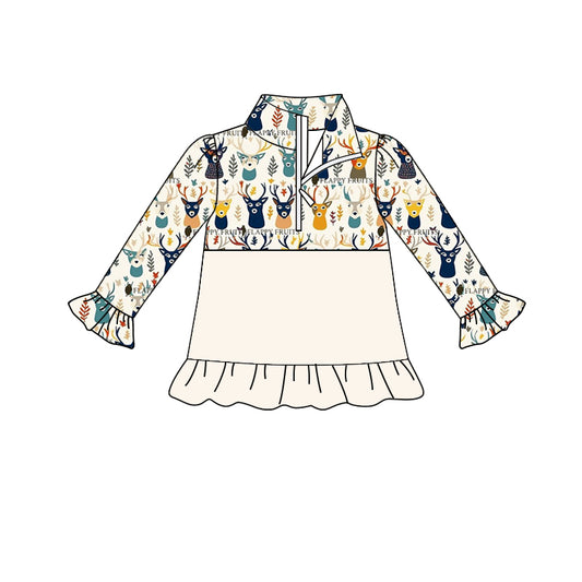 MOQ 5 deer long sleeves ruffle baby girls zipper pullover