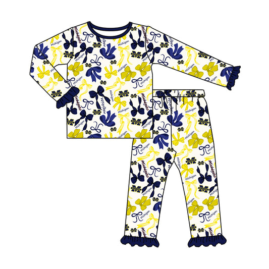 MOQ 3 Long sleeves M navy yellow bow kids girls team pajamas