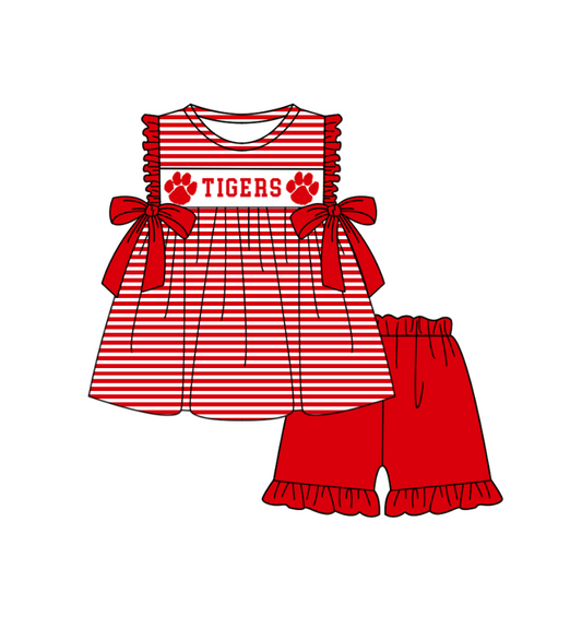 MOQ 5 pcs red stripe bow T tunic ruffle shorts girls team outfit
