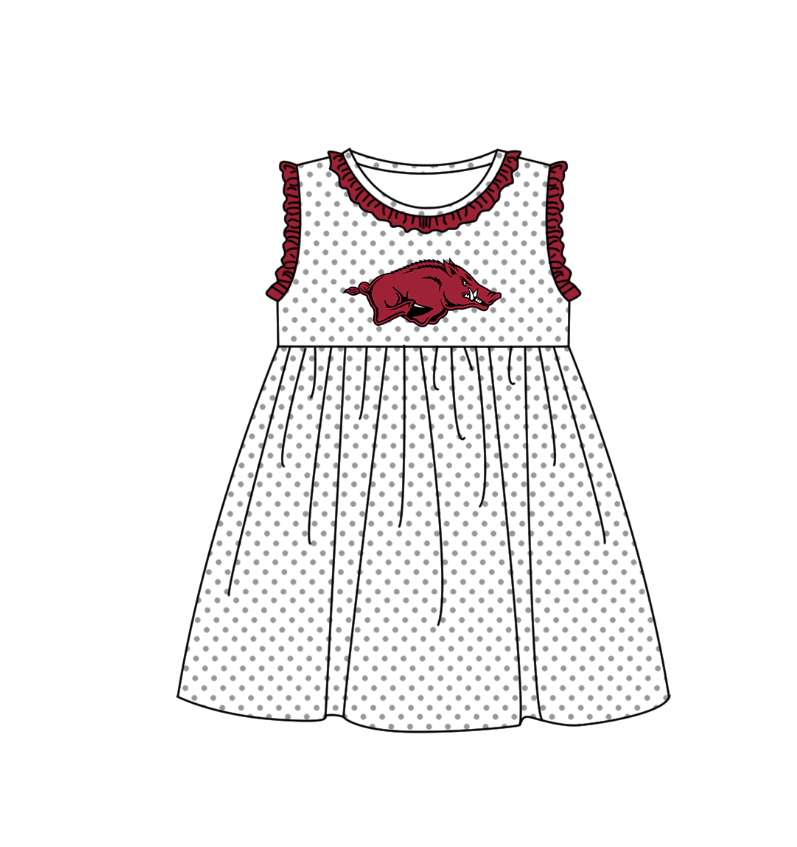MOQ 5 pcs maroon ruffle sleeveless white polka dots girls team dresses