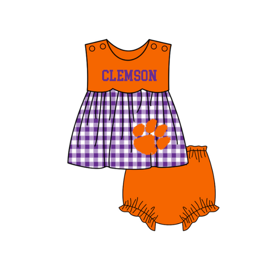 MOQ 5 pcs purple plaids sleeveless tunic orange bummies baby girls team set