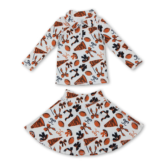 Orange bow football top skirt kids girls team activewear set