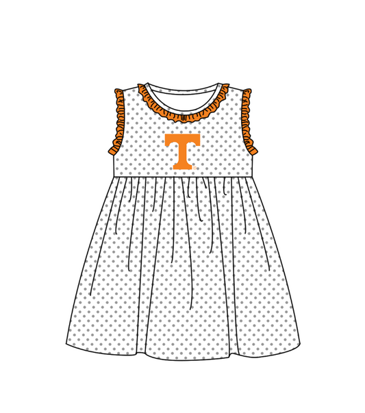 MOQ 5 pcs orange ruffle sleeveless white polka dots T girls team dresses