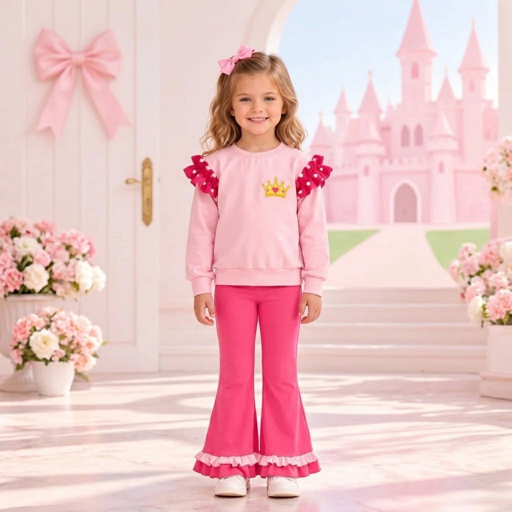 MOQ 5 Long sleeves princess polka dots ruffle top pants girls outfits