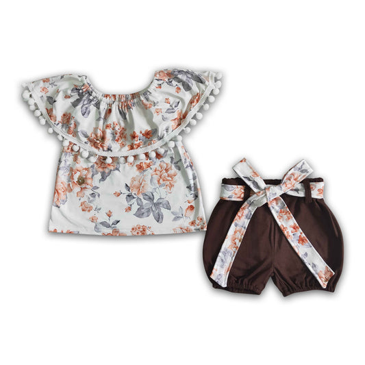 Floral shirt brown shorts baby girls summer clothing