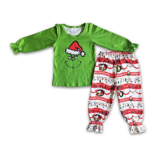 Green face long sleeve shirt pants girls Christmas pajamas