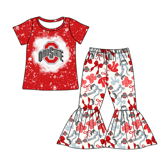 MOQ 3 pcs Bleached O top bow pants kids girls team clothes