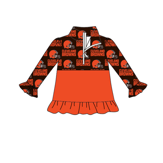 MOQ 3 pcs orange black ruffle long sleeves kids girls team zipper pullover