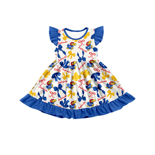 MOQ 3 pcs flutter sleeves K U blue bows girls team dress