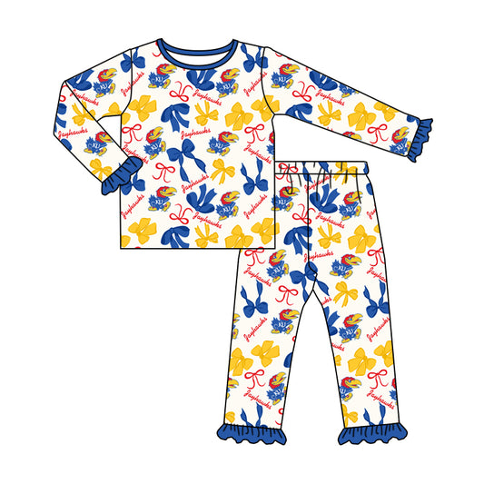 MOQ 3 Long sleeves K U blue bow kids girls team pajamas