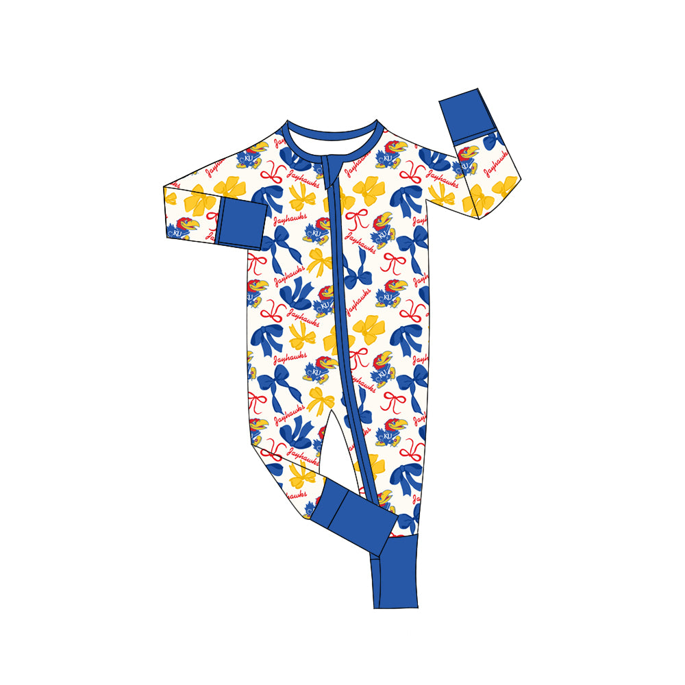 MOQ 3 pcs long sleeves K U blue bows baby team zip romper