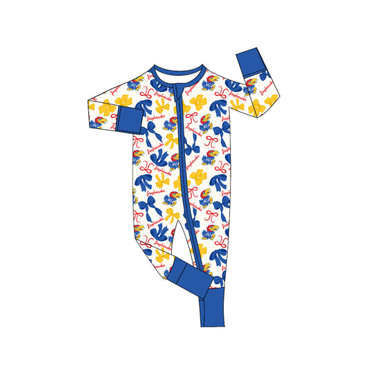 MOQ 3 pcs long sleeves K U blue bows baby team zip romper