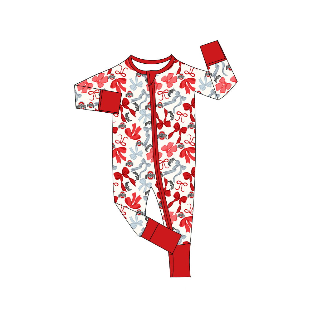 MOQ 3 pcs long sleeves red O bows baby team zip romper