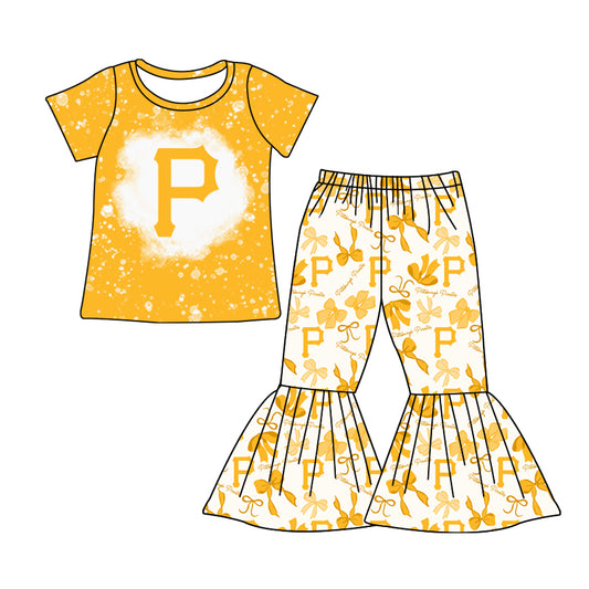 MOQ 3 pcs bleached yellow P top bow pants girls team clothes