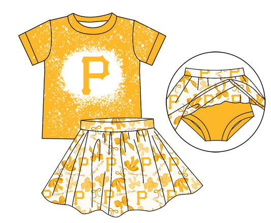 MOQ 3 pcs yellow P bleached top bow skirt girls team outfits