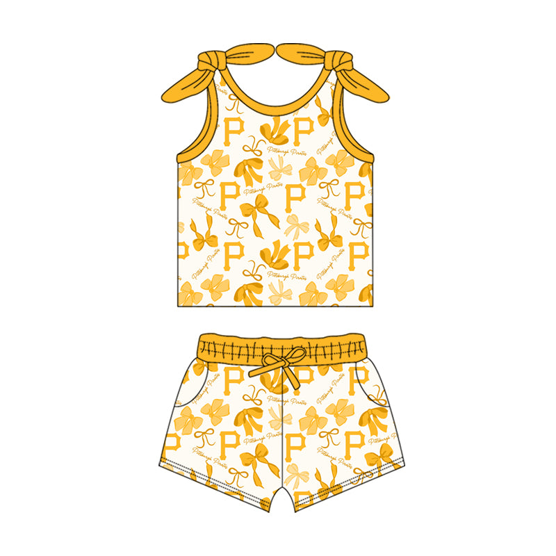 MOQ 3 pcs sleeveless P yellow bow top shorts girls team clothes