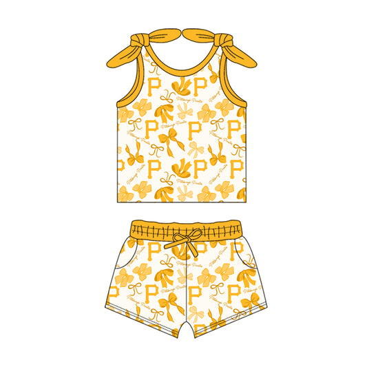 MOQ 3 pcs sleeveless P yellow bow top shorts girls team clothes