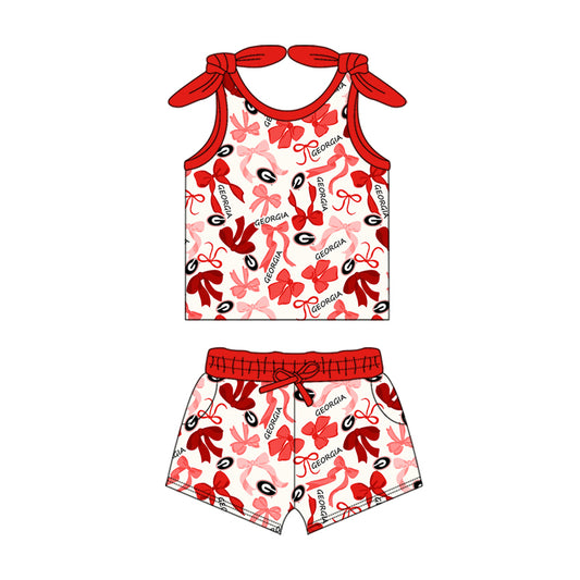 MOQ 3 pcs sleeveless red G bow top shorts girls team clothes