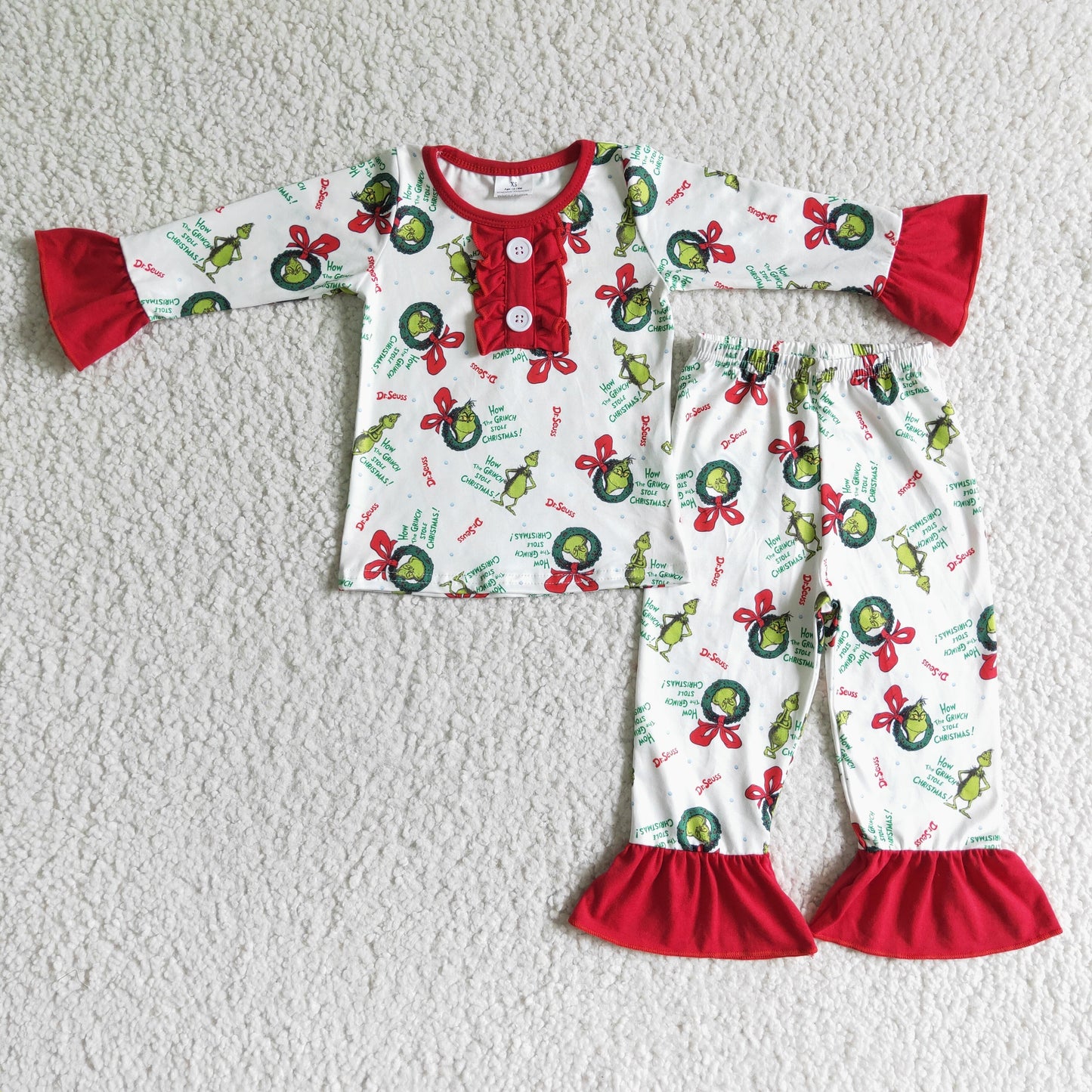 Girls long sleeve green face print Christmas pajamas