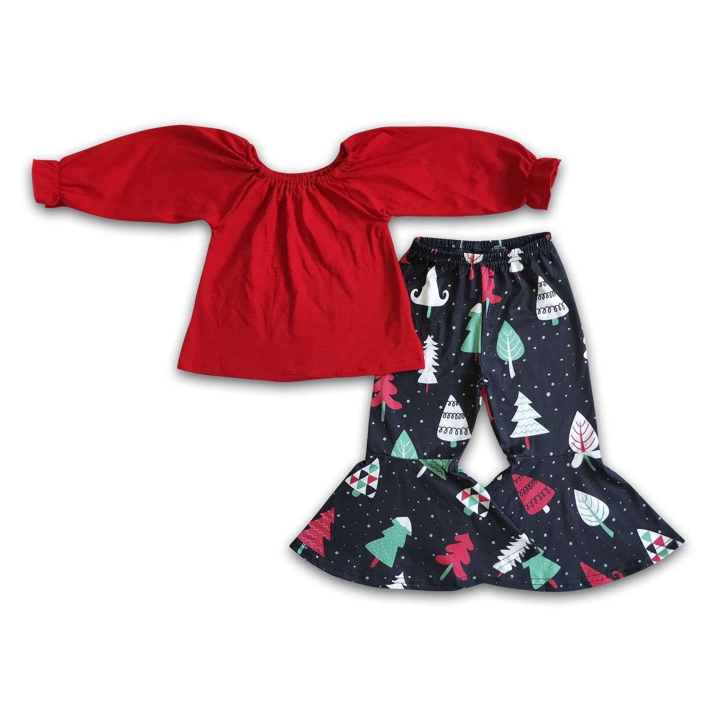 Red shirt match Christmas tree pants kids outfits