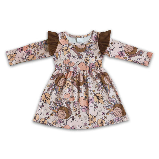 Long sleeve turkey print girls thanksgiving dresses