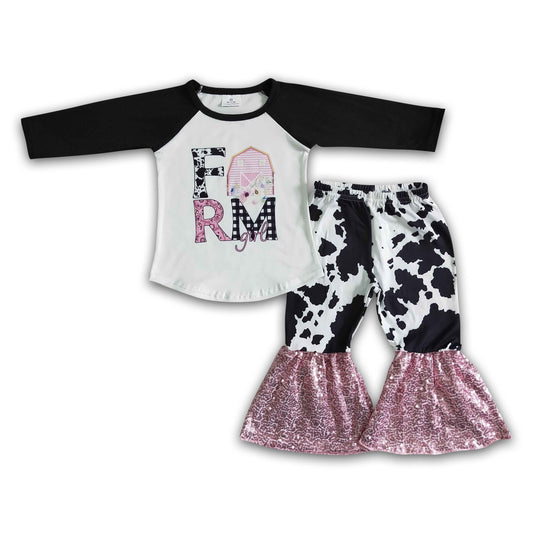 Farm print shirt pink sequin bell bottom pants girls outfits