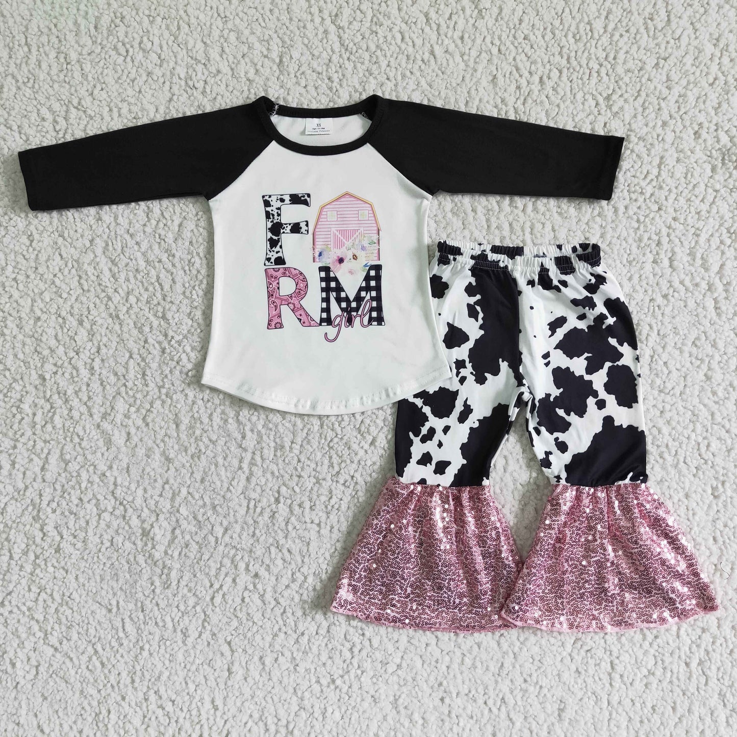 Farm print shirt pink sequin bell bottom pants girls outfits