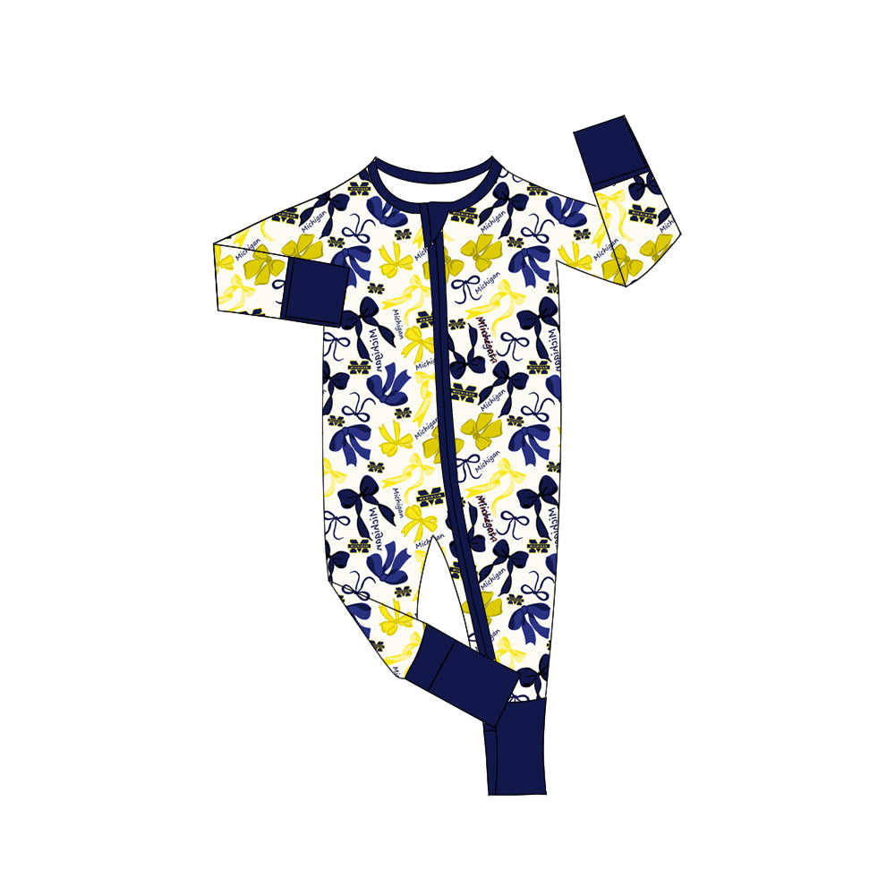 MOQ 3 pcs long sleeves M navy bows baby team zip romper