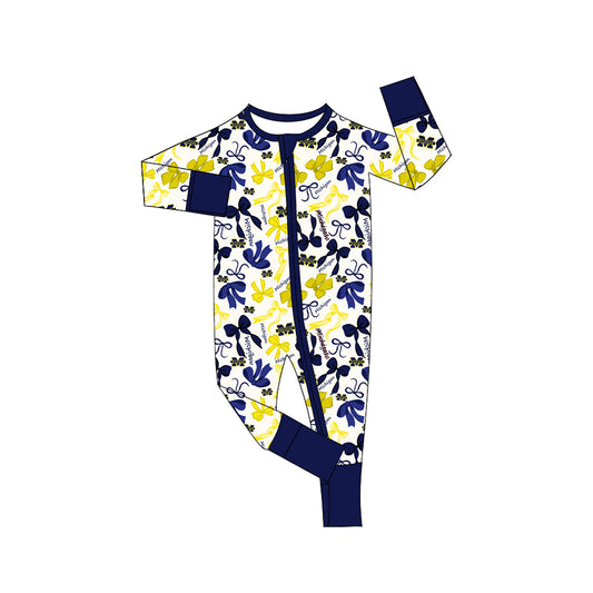 MOQ 3 pcs long sleeves M navy bows baby team zip romper