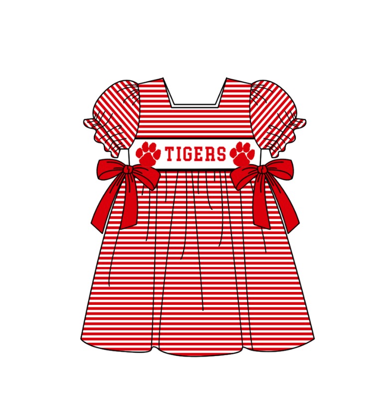 MOQ 5 pcs Short sleeves red stripe T girls team dresses