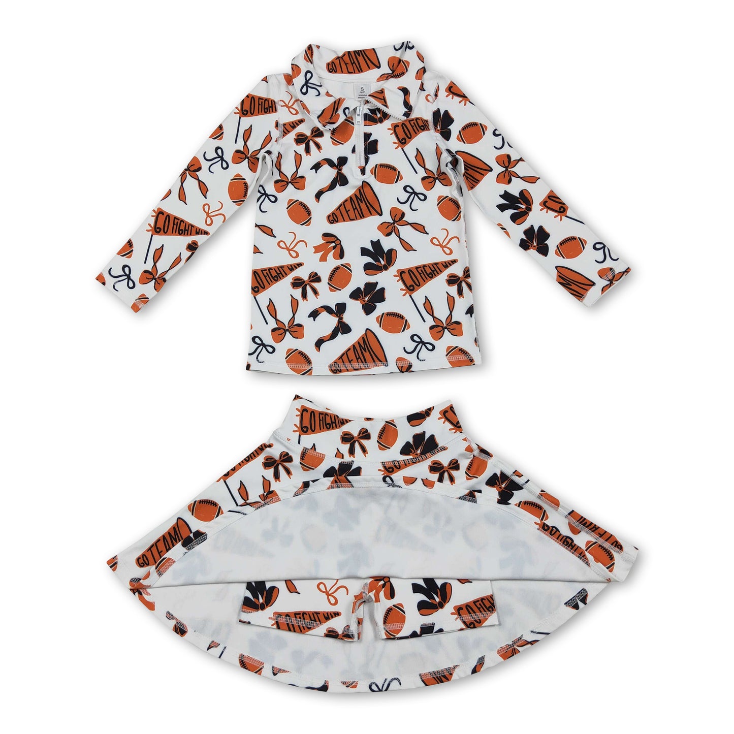 Orange bow football top skirt kids girls team activewear set